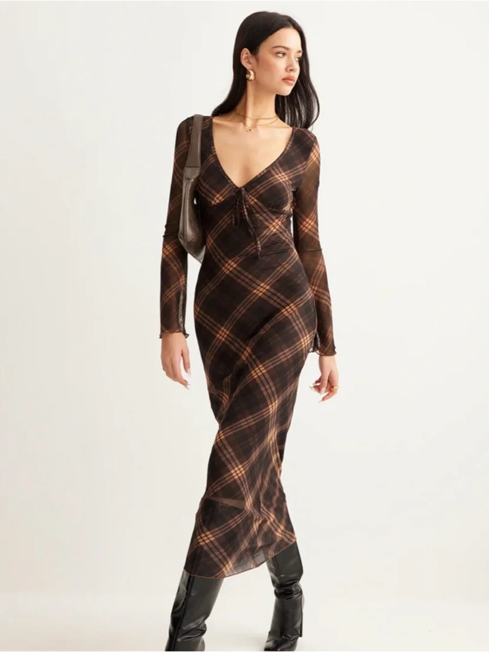 Commense Semi-Sheer Checked Bell-Sleeve Mesh Dress, size XS, NWT! - Picture 1 of 7